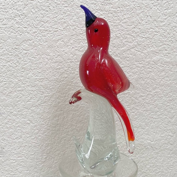 Vintage 9” Red Cardinal Bird on a Clear Branch Murano Style Art Glass Decor - Picture 4 of 13